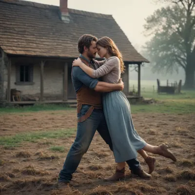 A man saving a woman in a farmhouse