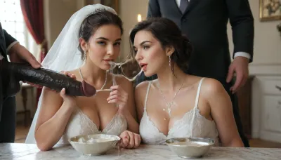 interracial, (((3black skin brute, giant thick black penises))), Persian bide, super busty bride, nice cleavage, sexy wedding dress, (((cumshot on cleavage))), a erotic and dark high-fashion wedding scene of a bride and groom sitting at an elegant head table during their reception, both wearing luxurious and highly detailed wedding dress, black hair, Iranian woman, curvy, — the bride in a glamorous lace gown with pearl embellishments, the groom in a sleek black suit with velvet details. They are smiling sensually while, (((eating thick, glossy white cum with hands from elegant crystal bowls:1.4))), . The table is decorated with white roses, and giant black dick, and glassware. The cum glistens under soft ambient lighting, dripping slightly. Artistic, provocative, and cinematic style., on, knees, kn33s, <lora:Knees_Spread_SDXL:.8>, <lora:MJ52:.8>, ral-18thlxry, <lora:18th century:.8>