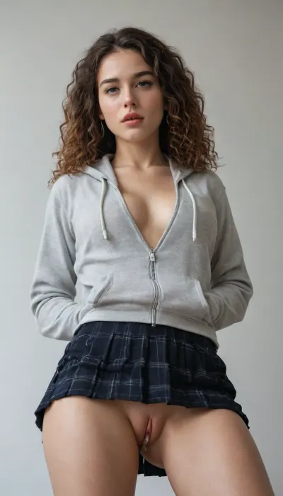 HD, full lips, extreme mouth detail, ultra realistic freckles, detailed skin, realistic skin, High Res, 4k, ultra-detailed, masterpiece, ultra high res, 8k uhd, dslr, high quality, detailed skin texture masterpiece, Ultra realistic, natural skin tone, high definition, perfect face, natural big breast, curly hair, wet pussy, perfect vagina, cum in pussy, skiny, slim body, mini skirt, unzip hoodie with hand, bottom view, white background