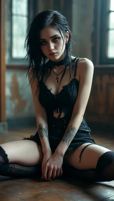 ripped revealing clothes, Sitting, hugging her knees, a girl, Knees, Bent knees, goth, Small tits, <lora:MJ52:.3>