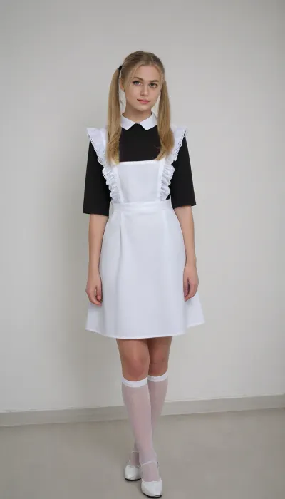 beautiful blonde 18 years old with ponytails woman, black dress, white apron, soviet schoolgirl, white lingerie, white shoes, high heels, lewddungeon, background white walls, suxl, <lora:suxl:.8>
