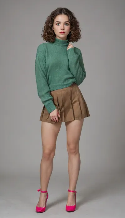 shy 25 year old girl, full body shot, (very embarrassed), (feeling exposed), (extremely high pink plateau high heels), ((thick legs)), (normal upper body), brown wavy hair, curly bobcut, (short dark brown hair:1.1), small breast, flat chest, dark green cashmere pullover, (emerald pullover), (long pullover), (ultra short pink pleated micro skirt:1.2), (pink micro skirt:1.3), (plateau high heels:1.3)