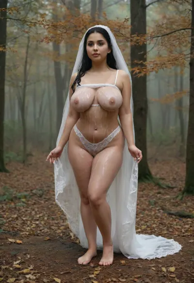 dramatic full-body portrait of a curvy busty Iranian bride .artistic portrait of a bride with black straight hair, wearing delicate white bridal lingerie and a long lace veil, standing barefoot on damp forest floor covered with dry leaves, thick cream-colored slime cascading from her hair onto her shoulders, dense fog surrounding bare twisted branches, cold muted color palette, strong contrast between pure bridal elegance and wild, untamed nature, cinematic natural light








facialized, superfacialized, <lora:detailed_notrigger:1>, <lora:ral-frozenslime-sdxl:1.7>, <lora:facialized:1.7>