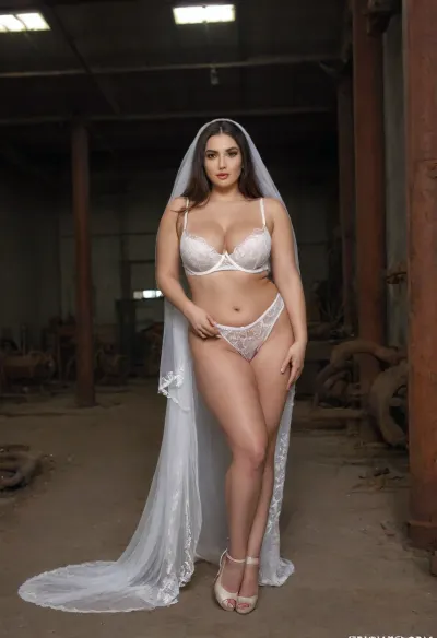 dramatic full-body portrait of a curvy busty Iranian bride .industrial fine art portrait of a bride wearing sheer white bridal lingerie and long veil, standing amid old rusty pipes and machinery

facialized, superfacialized, <lora:facialized:1.5>