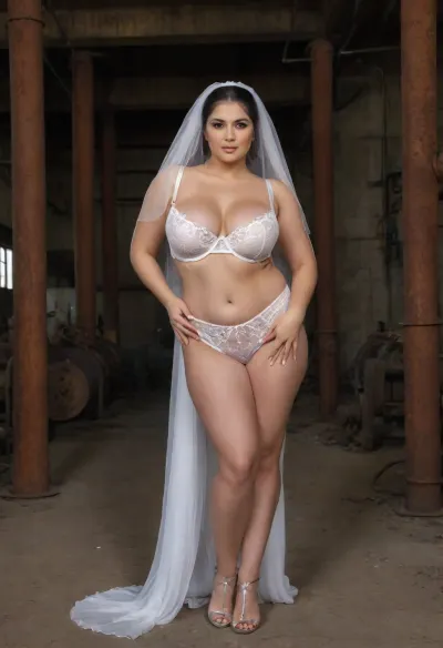 dramatic full-body portrait of a curvy busty Iranian bride .industrial fine art portrait of a bride wearing sheer white bridal lingerie and long veil, standing amid old rusty pipes and machinery

facialized, superfacialized, <lora:facialized:1.5>