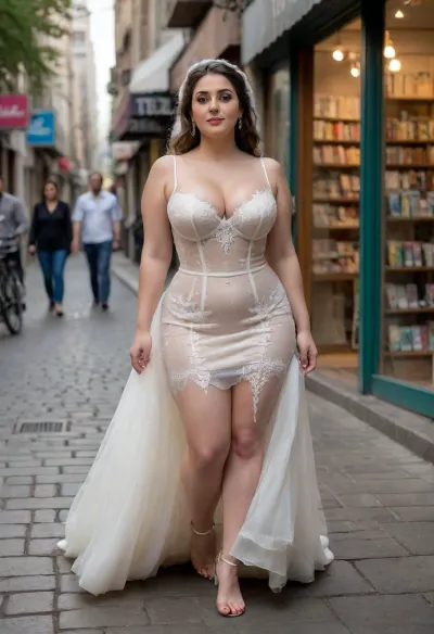 dramatic full-body portrait of a curvy busty Iranian bride. urban fine art full-body shot of a bride wearing a fusion bridal-lingerie gown with detailed lace, corset bodice, and sheer skirt panels, walking barefoot on pavement of Enghelab Street in Tehran, thick cream-colored slime flowing down her arms and legs, cozy background of bookshops and cafes blurred softly, warm ambient light, contrast between intellectual urban scene and delicate bridal sensuality, relaxed and natural pose






facialized, superfacialized, ral-frozenslime, woman, cum, on, face, cut0ut, dress, <lora:facialized:1.7>, <lora:ral-frozenslime-sdxl:1.7>, <lora:JustCum:1.5>, <lora:453037_training_data:1.1>