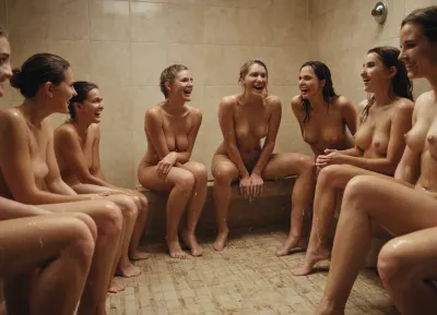 10 women having shower after sport, fit models, stand and sit, very wet, laughing, masturbate, long distance view, 10women, multiple women, football socks, one man with big cock naked in the middle