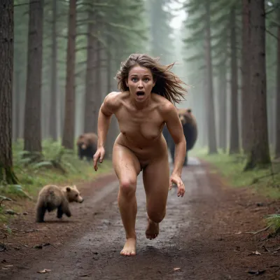 beautiful naked naked girl running from a ferocious bear. she is dirty and has a few scratches and cuts. she looks terrified. setting is the woods
