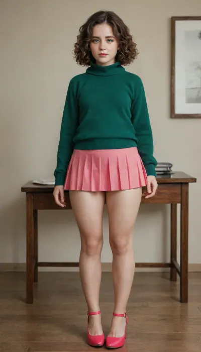 shy 25 year old girl, full body shot, (very embarrassed), (room with cheap desk), (feeling exposed), (extremely high pink plateau high heels), ((well-built figure with slightly chubby legs)), (normal upper body), (short girl), brown wavy hair, curly bobcut, (short dark brown hair:1.1), ((standing insecurely)), small breast, flat chest, (dark green cashmere pullover), (dark green jumper:1.2), (emerald pullover), (long pullover), (ultra short pink pleated micro skirt:1.2), (pink micro skirt:1.3), (plateau high heels:1.3), (thick pale legs), ("I don't want to wear this!"), ("I look like a whore!"), buxom