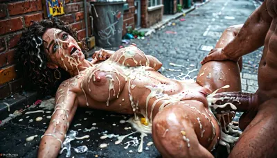 Passed out party girl in an alleyway having dirty sex with a big dicked homeless man. Missionary possition. Excessive cum on woman's face