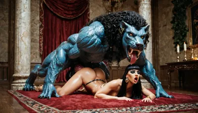 Cleopatra beneath an anthropomorphic panther monster, (fucking monster's massive cock), she is in pain, zoophilia, beastiality, excessively hairy bush, dense long pubic hair, excessivepubichair, full body view, <lora:253562_training_data:.8>