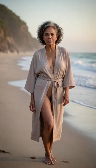 Fujifilm XT3, Full body, extreme realism, ângulo dinâmico, mulher 68-year-old nude mulatto influencer, beach end of day, open beach robe, realistic detailed face, realistic detailed eyes, wavy short brown hair pulled back, detailed skin, nervous seductive expression.