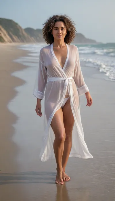 A full-body photograph captures a mature woman, in her 70s, with brown skin and voluminous curly hair, mixed with gray strands. She is standing on the wet sand of a beach, barefoot. The woman wears a transparent white elastic mesh beach robe, made of ultra-thin fabric, open showing the breasts, navel and pussy, with wide sleeves. The robe is tied at the waist with a sash of the same fabric, but is partially open, revealing parts of her body and legs. His gaze is straight to the camera, with a serene and neutral expression. The scene takes place outdoors, on a beach, during dawn or dusk, evidenced by the soft and warm light that illuminates the scene in a natural way. In the background, the ocean stretches out with gentle waves crashing on the shore, and a rock formation or coastal hill appears blurred on the left. The sand on the beach has a light hue and is moist near the water. The composition is centered on the figure of the woman, with shallow depth of field, keeping the focus on her and gently blurring the background. The style of the picture is photorealistic, with high resolution and sharp detail in the main figure and the texture of the sand and bathrobe.