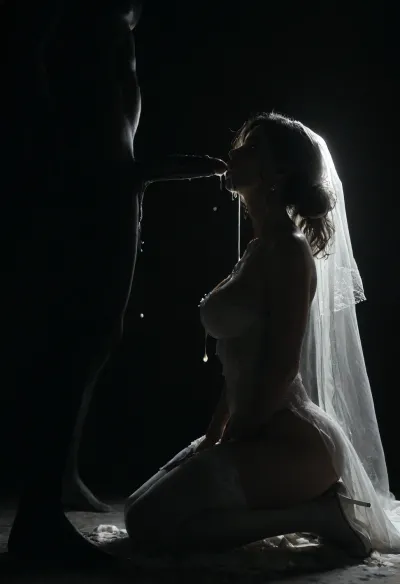 score_9, score_8_up, score_7_up, (4black man looking down), 3muscular black man, 3black giant thick penis, standing up straight, excessive cum, dripping on to Persian girl, cum, (((profile view))), cum shooting, cum dripping, (Persian bride kneeling), (bride looking up at male), zavy-slhtt, (((black silhouette))), monochrome, wedding dress, white stockings, white high heels, large breasts, tiny ass on female, JK, Style, Solo, <lora:JK:.7>, <lora:dark:.5>, bingnvwang, glow, <lora:星影:.8>