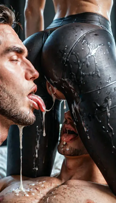 (focus on the lower body, close-up), rear view, girl and man, (tight little ass, thin waist, skinny legs), (girl in tight shihy wetlook leather leggings, leggings completely covered in cum, cum dripping down leggings), (man licks cum off girl's leggings, man licks cum), (lots of cum on leggings), (man licks cum, licking ass in leggings), (man's tongue in cum), (the details of the male face are clearly worked out), cunnilingus, 2 man, licking, pussy, <lora:Cunnilingus XL:1.1>