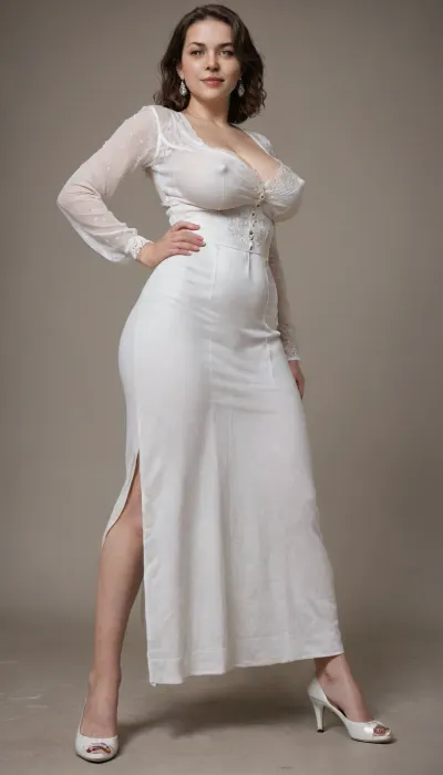 a photo of a beautiful fully clothed 20yo woman, perfect massive natural breasts, erect nipples, brown hair, big wide hips, sylish shoes, feet, professional photo, studio shot, (low contrast:1.1), (simple background:1.2), view from below, she is looking down at the camera, smile, victorianstyle, <lora:victoriansxl_v1:1>, in an english victorian house lounge