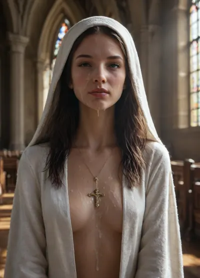 Close up, ultra realistic, dark church background, boots, cross, ((((slim))), (((cum covered sexy satin robe))), long black hair, necklace, cum covered nun, solo, standing, thigh high boots, stockings, (((pretty face))), (((detailed face))), (((perfect face))), high, best natural sunlight, masterpiece, 32k, (Masterpiece:1.2), high quality, volumetric lighting, backlight, sexy, bukkake, <lora:bukkake_v0.4:.5>)