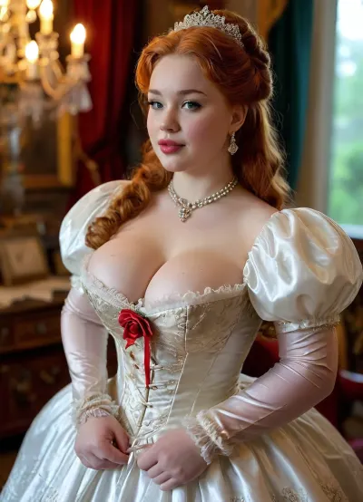 A stunningly beautiful ginger red fairytale Princess shining with Royal Pomp and Regal Splendor, (super fat bbw teen:1.3), (happy laughing face:1), (big beautiful natural saggy low hanging breasts:1.5), wearing a Stately and, (((Elaborate))), Royal Cinderella off-shoulders Ballgown of Silver and White Brocade, with, (((enormous puffed sleeves))), a stiffly boned, padded and corseted bodice, translucent dress an hourglass waist, a, (((huge crinoline hoopskirt))), and, (((bustle))), adorned with ribbons, bows, roses, lace, ruffles, frills, embroidery, and jewels, elaborately curled and styled hair, long white gloves, hand fan, pearl and diamond necklace and earrings, <lora:MJ52:.4>, bmbplora, <lora:bimboxl_02:.8>
