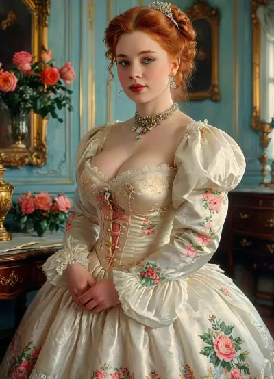 A stunningly beautiful ginger red fairytale Princess shining with Royal Pomp and Regal Splendor, (super fat bbw teen:1.3), (happy laughing face:1), (big beautiful natural saggy low hanging breasts:1.5), wearing a Stately and, (((Elaborate))), Royal Cinderella off-shoulders Ballgown of Silver and White Brocade, with, (((enormous puffed sleeves))), a stiffly boned, padded and corseted bodice, translucent dress an hourglass waist, a, (((huge crinoline hoopskirt))), and, (((bustle))), adorned with ribbons, bows, roses, lace, ruffles, frills, embroidery, and jewels, elaborately curled and styled hair, long white gloves, hand fan, pearl and diamond necklace and earrings, <lora:MJ52:.4>, bmbplora, <lora:bimboxl_02:.8>, style, of, Boris, Kustodiev, <lora:tbh263-sdxl:.8>