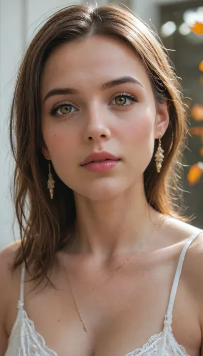 Aesthetics of autumn... art photography, macro photography, volumetric spring body art, live branches, yellow, orange leaves, dried buds, close-up details, live birds on the shoulder, on a sitting female ideal body, seductive curves, anatomical accuracy, aesthetics of the female body, elegant, filigree, brown, white, red, orange, play of light and shadow, full body shot