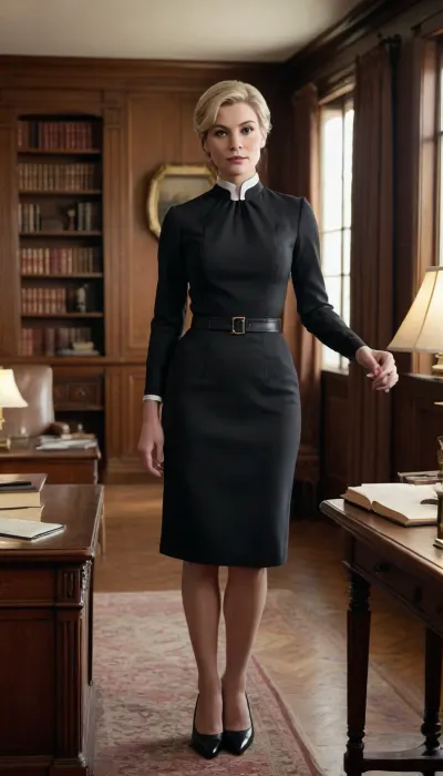 A highly detailed photorealistic full-body image of a strict female school director, approximately 50 years old, standing confidently in a vintage wood-paneled office from the 1960s–70s. She wears a fitted black-and-white dress with long sleeves and a high collar—formal and elegant. Her light blonde hair is styled in a tall, neat updo, and her posture is straight and commanding. Her figure is graceful and proportioned, and she holds a clipboard or leather folder in one hand. Behind her is a dark wooden desk, a bookshelf, or heavy curtains. The lighting is soft and formal, emphasizing her authority and composure. Her expression is firm, calm, and composed, exuding quiet discipline and leadership.