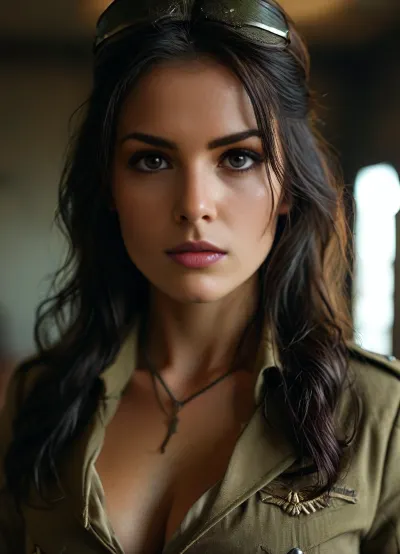 (random FOV:1.1), (female sergeant), 25 years old, long dark hair, (very revealing military uniform, cleavage), perfect lighting, random pose, (realistic skin:1.4), (realistic eyes:1.3), <lora:add-detail-xl:.8>, <lora:MJ52:.8>, <lora:DetailedEyes_V3:.8>