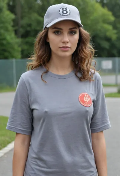 (masterpiece, best quality:1.2), 1 czech 40yo woman, famous singer Olga Lounova, (she wears a baggy oversized grey basketball shirt with big number " 8 ":1.4), outdoors in a motodrom, (longest curly brunette hair:1.2), she wears no bra, grey eyes, pointed nose and chin, (she wears a basecap with " rocksteel " advertising:1.4), photorealism, braless, no, bra, <lora:681678_training_data:.5>, <lora:braless-000007:.5>