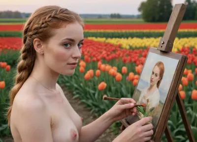 (masterpiece:1), realistic, fine art nude, (full body), photography, Vogue magazine, tulip field in the Netherlands, year 1800, BREAK 30 yo, Dutch woman painting the landscape naked, artist's palette, brush in hand, canvas and easel, mature redhead, orange hair, blonde, freckles, innocent, shy, blushing, stylized facial features, detailed facial features, detailed eyes, expressive eyes, big blue eyes, beautifully detailed eyes, Dutch braids, angelical facial features, most beautiful face BREAK, artsy, dreamy, 24 mm, vintage film photography, side view, (outdoor setting), year 1910, tulip field, sunset, golden hour, rim lighting, high-quality, hires, high-definition, r3mbr4ndt, <lora:r3mbr4ndt_SDXL-step00020000:2>