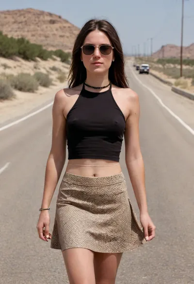 (masterpiece, best quality:1.2), 1 caucasian 25yo woman, (she wears a black halter top and short brown and beige skirt with diamond pattern:1.4), outdoors on a highway, clothes and hair are dirty and dusty, (long straight raven hair with middle parting:1.2), she wears no bra, she wears dark sunglasses, photorealism, Wearing, clothes, that, make, sense, with, Braless>, <lora:bralessSDXL_v1_00022:.5>