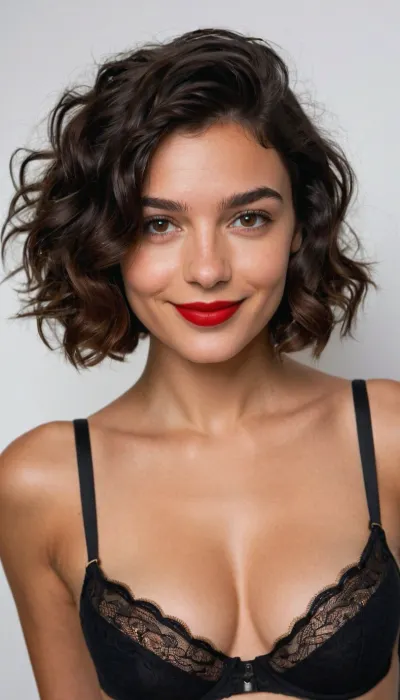 Passport photo, A 22 years old french woman, small sagging breasts, brunette, wearing big black bra, smiling, short wavy hair, Black color hair, red lips, hyperrealistic photo, white background, Full HD, 8K