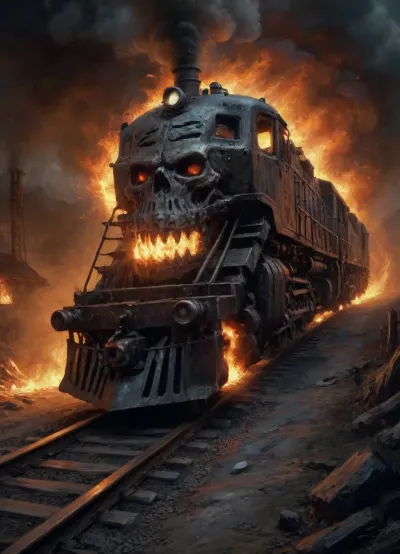 Score_9, score_8_up, score_7_up, masterpiece, best quality, low camera angle, burning skeleton locomotive, speed effect, Hell, Dark, Fantasy, page, oil, painting, <lora:ClassipeintXL2.1:.9>, <lora:Dark Fantasy:.8>