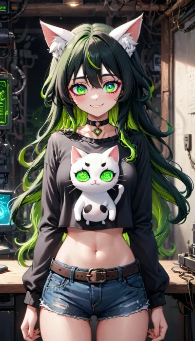 Detailing, anime style, 2d, manhwa, modern anime.
The cat girl is 18 years old, dark roots, hair dyed a hot red. Straight long hair. Dark, neat chameleon eyes, (green-gray), with highlights. A gentle smile. Around his neck is a choker with a white cat's paw. In a black knitted top with long sleeves and in black denim shorts with a belt.