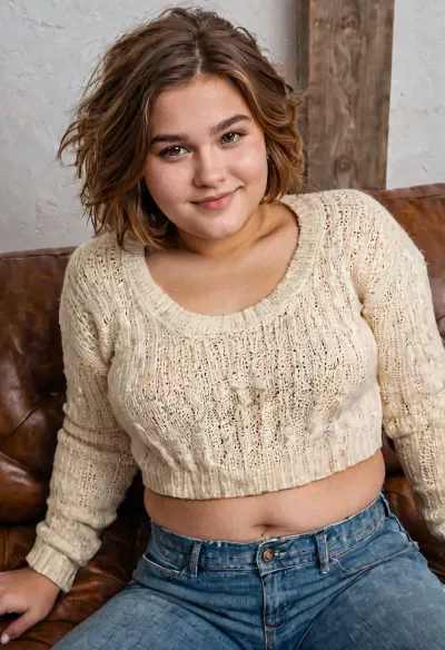 (((sitting on couch))), looking to the camera, ((view from above)), full portrait of a chubby girl, ((teen:1.33)), 18 years old, cheeky smile, ((high detailed skin)), high quality, detailed skin texture, (highly detailed hair), ((chubby body)), ((curvy body)), (realistic), soft focus, insanely detailed, highest quality, ((cropped sweater, cutoff sweater, midriff)), midriff, small small breasts, naked waist, messy shaggy long Bob haircut, (underboob:1.3), Swedish woman, dyed hair, <lora:bralessSDXL_v1_00022:.4>