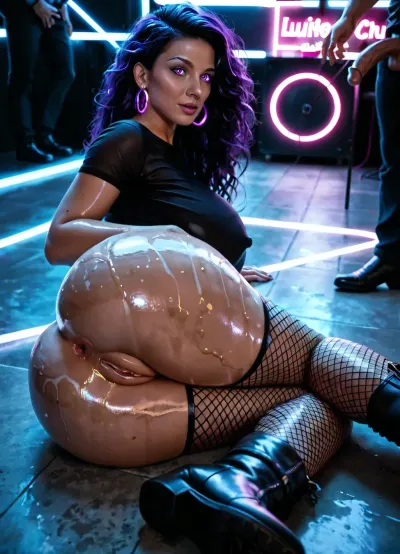 40 y.o. good looking woman, named Sophie, MILF, straight very long black hair, highly detailed pretty face with high cheek bones, big eyes, Caucasian, no makeup, pale skin, (oiled skin), curvaceous, very long legs, large ass, shaved pussy, huge giant breasts, seductive, experienced, exhibitionist, full body, no underwear, pussy lips exposed, (black thigh high fishnet stockings), long-sleeved black fishnet shirt, black ankle plateau boots, lying on floor, (lying on her side:1.3), pussy exposed, man lies behind her, (men fucks her ass from behind:1.3), anal sex, (his cock is deep inside her ass:1.2), (her legs are stretched out:1.2), crowded night club with lots of women and men in the background, (ultraviolet lighting:1.4), (glowing neon lights:1.2), (black light), fluorescence lighting, body paint, (view from above), <lora:uv style v2:1>, <lora:add-detail-xl:1>