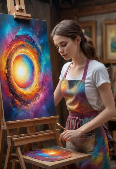 An beautiful female artist creating a portal to a different world, apron with color splashes, wood frame, easel, bright, colorful, magical, fantasy, ultra detailed
