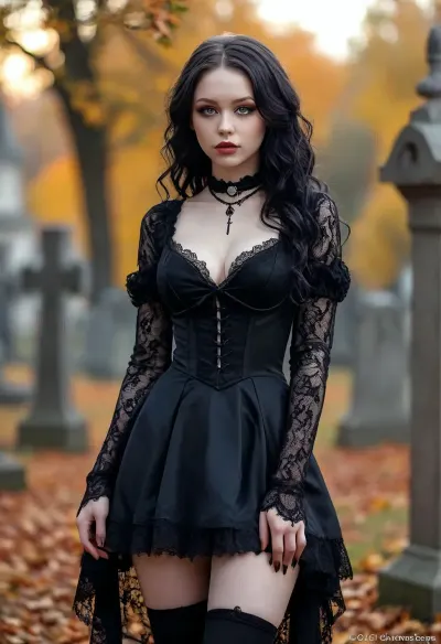 Young girl voluptuous woman very Big breasts 18 years old schoolgirl, Beshine, albino skin, extremely pale skin, veins showing through skin, outside, cemetery park, black roses all around, sunset, autumn leaves, realistic lighting, regal Black hunting dress with purple lace trim and silver adornment, mischievous smile at camera, long black wavy hair, dark makeup, extreme cleavage, hanging viewer a small black vial, Gothic style, art, fantasy, drawing in the style of realistic anime, dark, Gothic, high, heels, sexy, heel, 15, cm, boots, <lora:398313_training_data:.8>, <lora:MJ52:1.5>