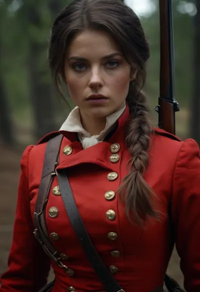 female redcoat, american civil war, realistic detailed hair, realistic detailed face, realistic detailed body, realistic detailed eyes, realistic detailed skin, realistic detailed breasts, realistic detailed pussy, random view angle, action pose, detailxl, <lora:add-detail-xl:1.5>, <lora:style_lora_realis:1>, <lora:dark:.8>