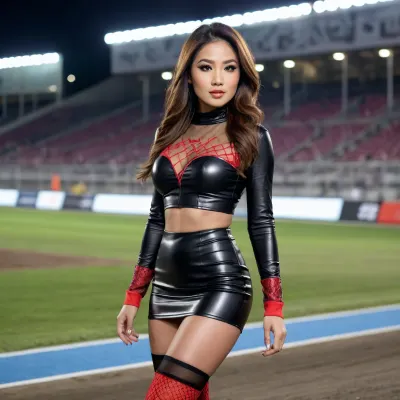 "A stunning asian Race Queen posing confidently at a racetrack, wearing a sexy and stylish outfit, a tight, glossy crop top with bold sponsor logos, paired with an ultra-short pleated mini skirt. She has on thigh-high PVC or latex boots with high heels, adding a fierce and glamorous touch. Fishnet stockings peek out between her skirt and boots for extra allure. Her long, wavy hair flows down her shoulders, and she wears dramatic makeup—smoky eyes, glossy lips, and shimmering highlighter. The background features a blurred racetrack with speeding cars, neon lights, and cheering crowds. The style should be hyper-realistic with vibrant colors, emphasizing her curves and the dynamic energy of motorsports."