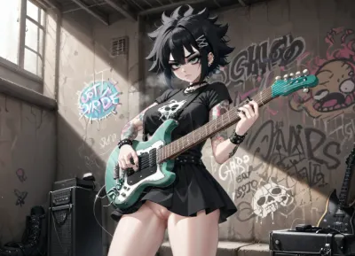 Emo band leader, big tits, older, mid 20s woman, goth, black lacy bray visible, no panties, upskirt, playing guitar, landing strip hair pussy, pierced clit, tattoos, sggirl, emo, tattoo, pale, cold, lighting, black hair, spiky hair, an outdoor staircase, graffiti, PACIFICA612VIIFM, instrument, guitar, Scene-Queen, girl, Emo, Long, Hairstyle, Myspace, picture, <lora:SG_emo_girl_SDXL:.8>, <lora:PACIFICA612VIIFM_SDXL_V1:.4>, <lora:487718_training_data:.6>, <lora:ics_a3_lora:.8>
