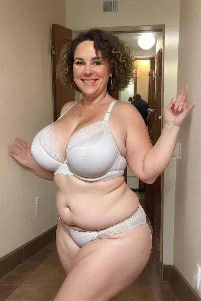(Smiling mature bbw mature white woman with curly brown hair wearing a bra and panties), standing in the hotel hallway, fat sagging tits, BBW, chubby woman, fat hairy pussy, short height, pale skin, wide hips, thick body, huge ass, normal skin tone on face, chubby thighs, short dyed pixie cut hair, round chubby face, chubby cheeks, slut, slutty, horny, (freckles), incase style, ((granny)), (old:1.3)