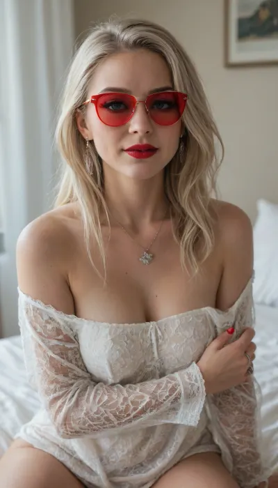 Beautiful girl, platinum blonde long hair, model face, black eyeshadow, eyeline, red lipstick, ring earrings, necklace, mesh long sleeve, morning, (((3/4 shot))), (((happy expression))), photo pose, sitting on brench, red sunglasses, relaxed