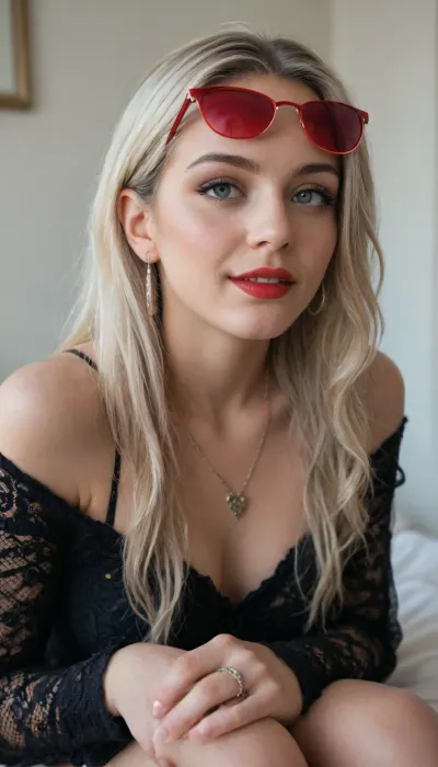 Beautiful girl, platinum blonde long hair, model face, black eyeshadow, eyeline, red lipstick, ring earrings, necklace, mesh long sleeve, morning, (((3/4 shot))), (((happy expression))), photo pose, sitting on brench, red sunglasses, relaxed