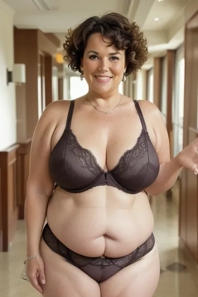 (Smiling mature bbw mature woman with curly brown hair wearing a bra and panties), standing in the hotel hallway, fat sagging tits, BBW, chubby woman, fat hairy pussy, short height, pale skin, wide hips, thick body, huge ass, normal skin tone on face, chubby thighs, short dyed pixie cut hair, round chubby face, chubby cheeks, slut, slutty, horny, (freckles), incase style, ((granny)), (over 60 years old)