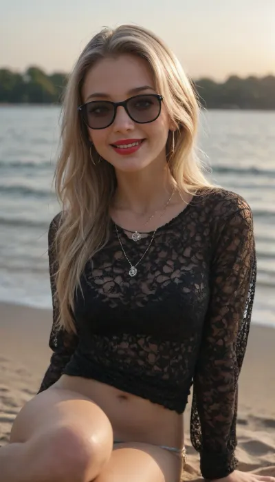 Beautiful girl, platinum blonde long hair, model face, black eyeshadow, eyeline, red lipstick, ring earrings, necklace, large mesh long sleeve, morning, (((3/4 shot))), (((happy expression))), pose, sitting on brench, black sunglasses, relaxed, beach