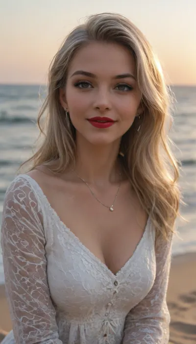Beautiful girl, platinum blonde long hair, model face, black eyeshadow, eyeline, red lipstick, ring earrings, necklace, large mesh long sleeve, morning, (((3/4 shot))), (((happy expression))), pose, sitting on brench, black sunglasses, relaxed, beach