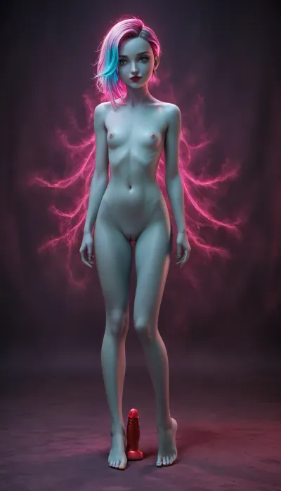 Full body portrait of girl, NSFW, violet neon background, (sidecut hairstyle:1.2), pink-purple-teal hair, long hair, violet-blue pupils, (blue-purple eyeshadows:1.4), vivid colours, (neon:1.3), hrglw, hair, glow, neon, (blue-pink-teal skin:1.3), (glowing hair:1.3), (heavy purple makeup:1.2), (glowing eyes:1.1), vagina, smooth pussy, blacklight, makeup, full body, dildo insertion, (heterochromia:1.3), (big thick lips:1.2), NDXL, (red lips:1.2), (dimples:1.1), (seductive smile:1.2), (skinny:1.1), (very long thick eyelashes:1.3), (collarbones:1.3), (flat chest), naked, (hard erect nipples:1.2), (small waist:1.3), <lora:xl_yamer_style-3.0:1.4>, <lora:glowing_hair-000006:1.4>, <lora:blacklight_makeup_v2:1.4>, <lora:Microwaist_XL_v01:2>