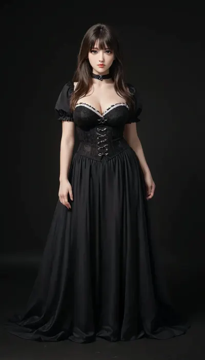 masterpiece, best quality, ultra-detailed, from front, front view, full body, 8K wallpaper, perfect anatomy, perfect face, perfect hands, a girl standing, curvy body, chubby, large breasts, wide hips, black long hair, bangs, beautiful makeup, wearing purple bijou_collar frills one-piece, lace-up corset, long skirt, (in the all-black background:1.2), score_9, score_8_up, score_7_up, source_cartoon