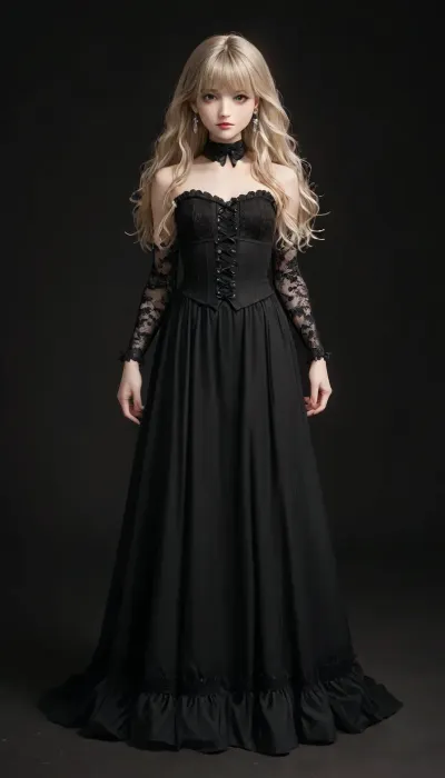 masterpiece, best quality, ultra-detailed, from front, front view, (full body portrait), RAW photo, 8K wallpaper, perfect anatomy, perfect face, perfect hands, Beautiful black eyes, Japanese girl standing, slim body, flat-chest, wide hips, grayish-blonde hair, inward loose curly long hair, bangs, gothic makeup, wearing frills Black one-piece, bijou_collar, Black lacy long-sleeve, lace-up corset, Black long skirt, earrings, ribbon, jewelry ring, (simple all-black background:1.2), score_9, score_8_up, score_7_up, source_cartoon, gothic-style