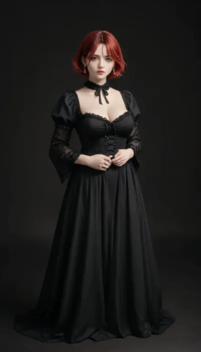 masterpiece, best quality, ultra-detailed, from front, front view, (full body portrait), RAW photo, 8K wallpaper, perfect anatomy, perfect face, perfect hands, Beautiful black eyes, Japanese girl standing, chubby body, big breasts, wide hips, red hair, pulled back short hair, gothic makeup, wearing frills Black one-piece, bijou_collar, Black lacy long-sleeve, lace-up corset, Black long skirt, earrings, ribbon, jewelry ring, (simple all-black background:1.2), score_9, score_8_up, score_7_up, source_cartoon, gothic-style