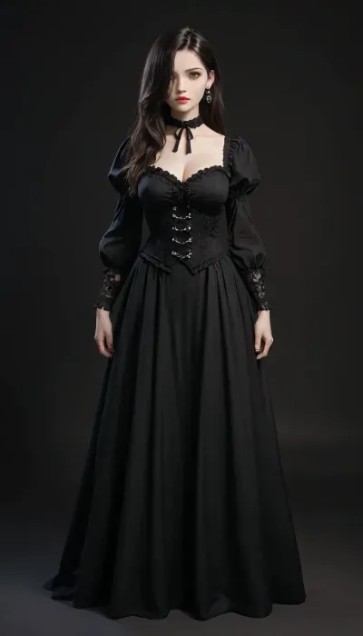 masterpiece, best quality, ultra-detailed, from front, front view, (full body portrait), RAW photo, 8K wallpaper, perfect anatomy, perfect face, perfect hands, Beautiful black eyes, cute Japanese girl standing, fit body, big breasts, wide hips, black hair, hair over one eye, asymmetric long hair, gothic makeup, wearing frills Black one-piece, bijou_collar, Black lacy long-sleeve, lace-up corset, Black long skirt, earrings, ribbon, jewelry ring, (simple all-black background:1.2), score_9, score_8_up, score_7_up, source_cartoon, gothic-style